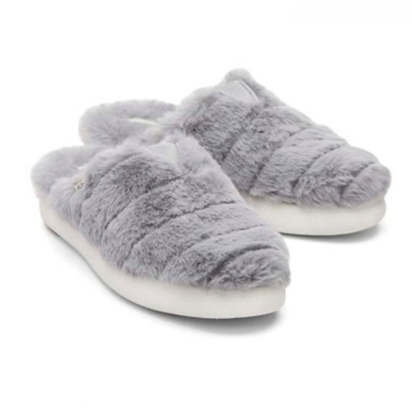 Toms Shoes - Toms Fluff Slippers Alpargata Mallow Mule Grey Smoke Faux Fur Women NEW Size 9.5